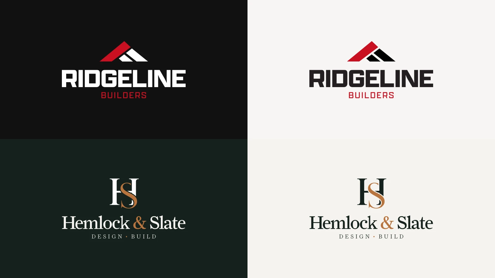 The Ridgeline Builders logo, a red roofline over a heavy wordmark, and the Hemlock & Slate logo, an H and S monogram over the name in a serif, each shown on its style's dark and light colors