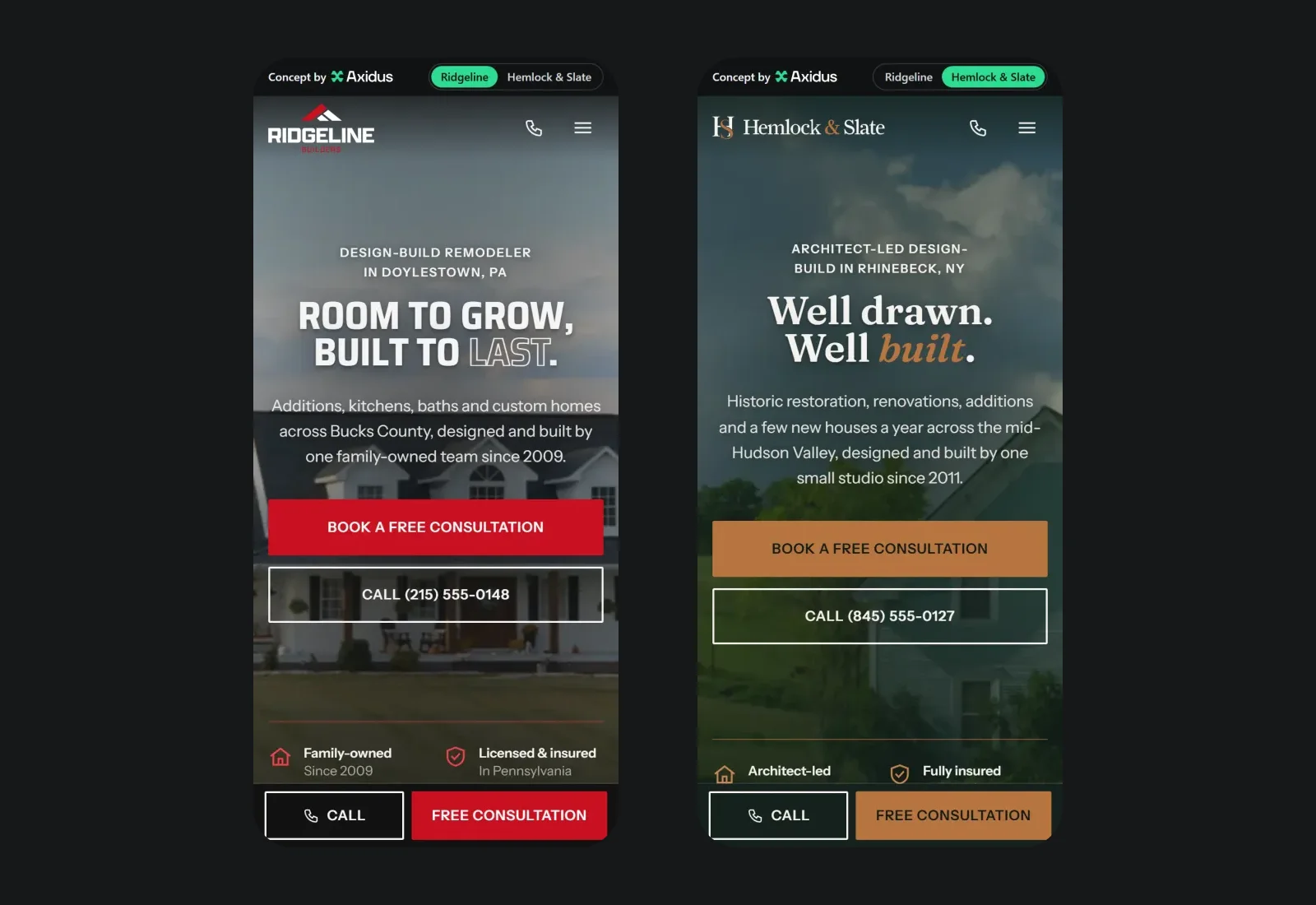 The Ridgeline Builders and Hemlock & Slate homepages side by side on phones, each with a Book a free consultation button and a call bar at the bottom
