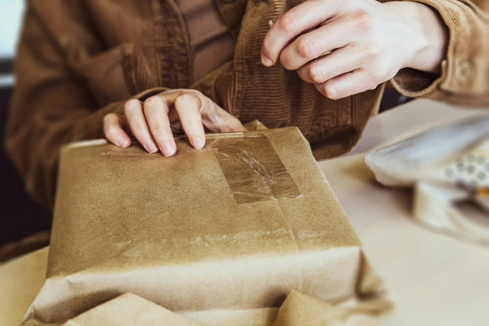 Hands taping shut a parcel wrapped in brown paper