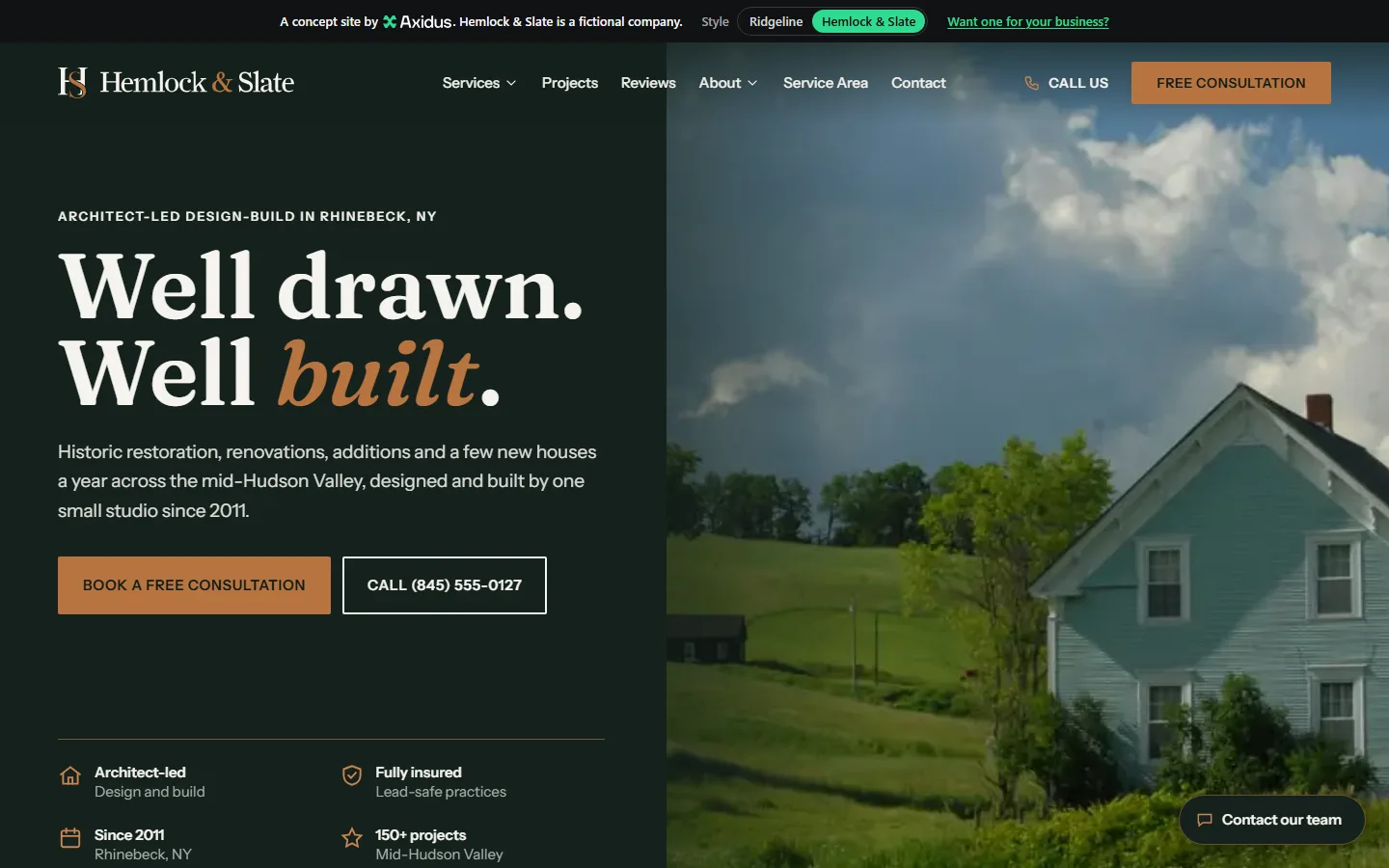 The Hemlock & Slate homepage on a desktop: "Well drawn. Well built." on an evergreen panel beside a photo of the studio's work
