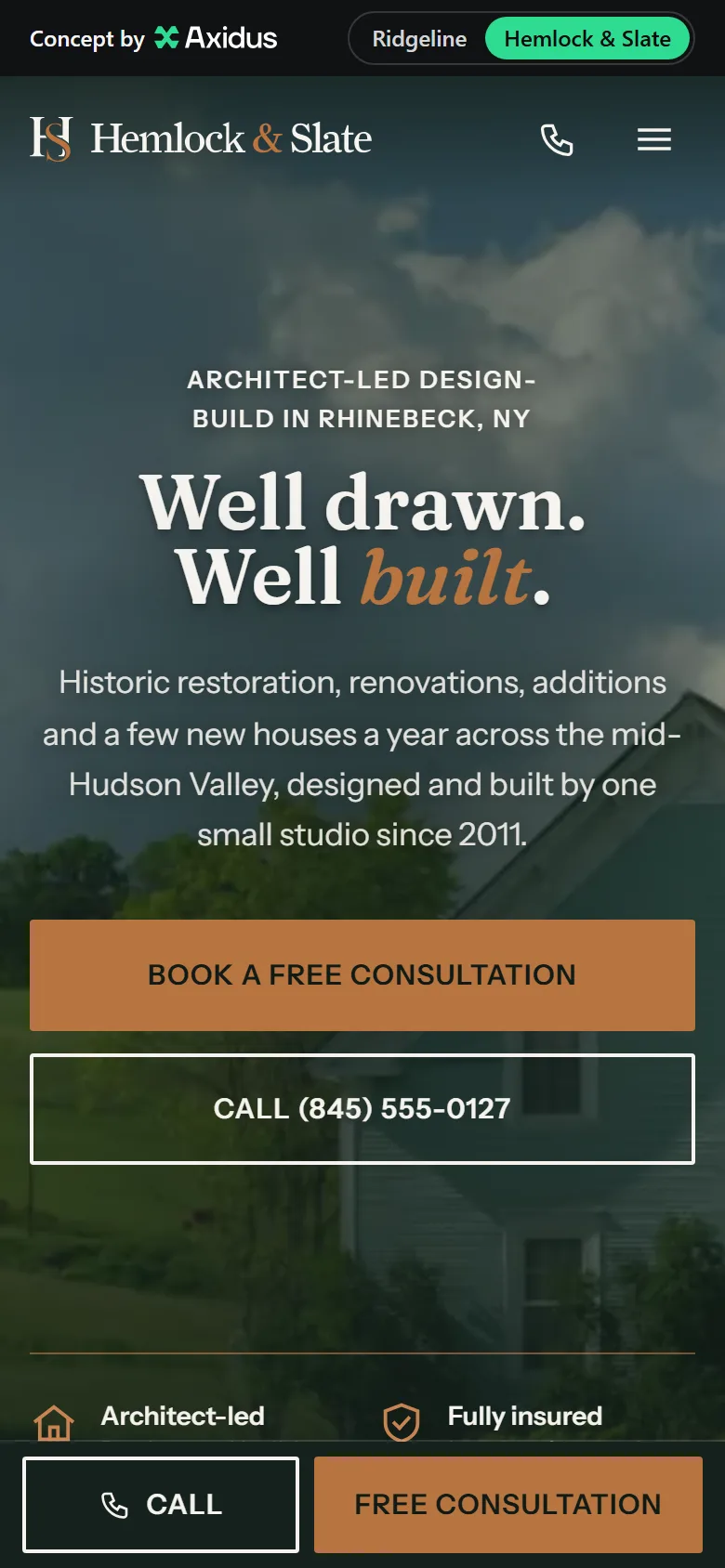 The Hemlock & Slate homepage on a phone, with the call bar at the bottom