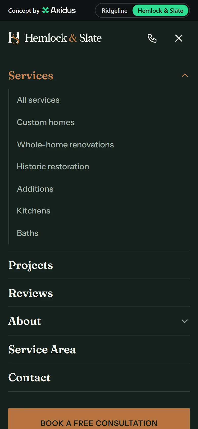 The Hemlock & Slate phone menu with the services list open