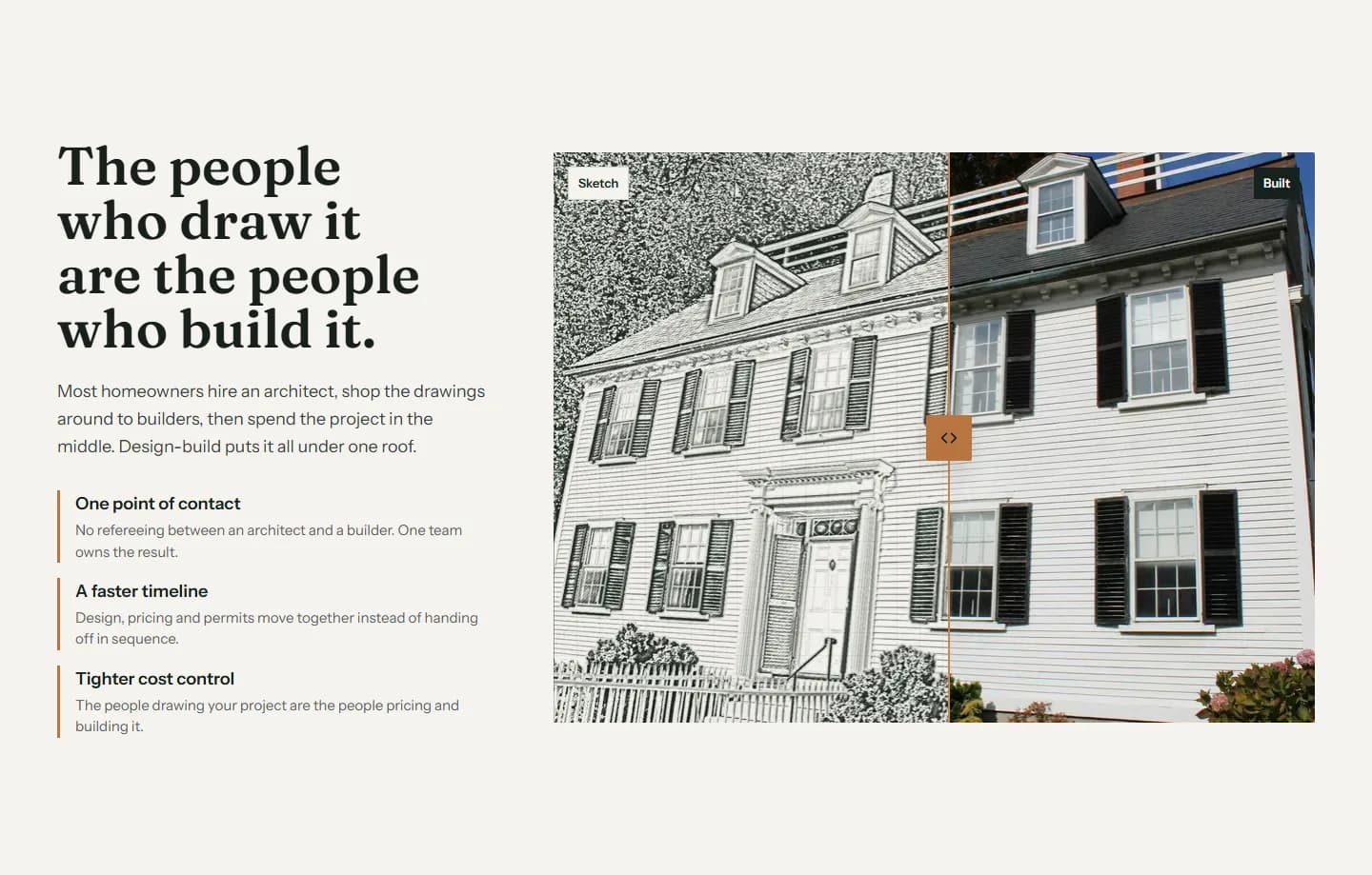 The sketch-to-built slider: a pencil drawing of a farmhouse beside the finished restoration