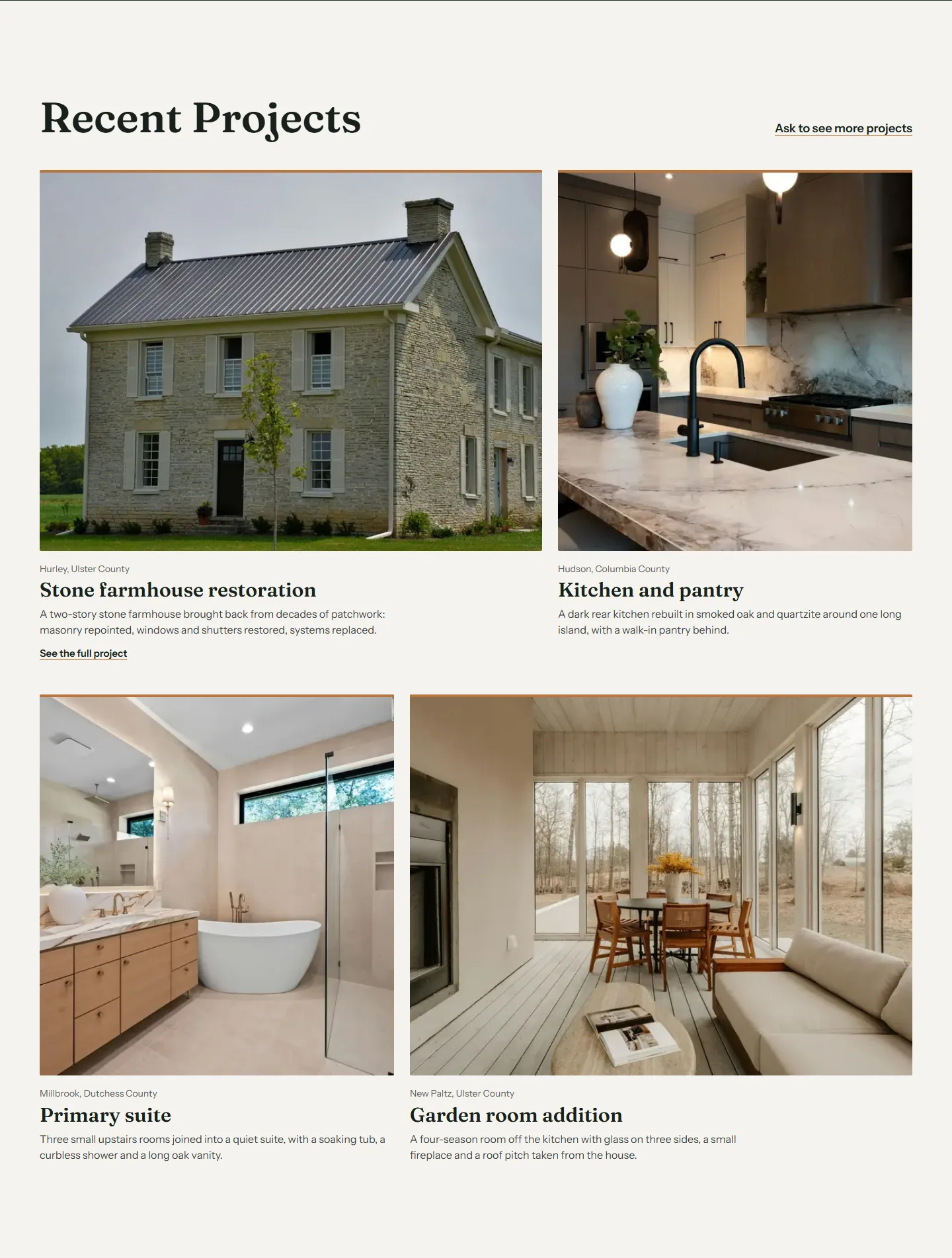 Hemlock & Slate's recent projects: a stone farmhouse restoration, a kitchen and pantry, a primary suite and a garden room
