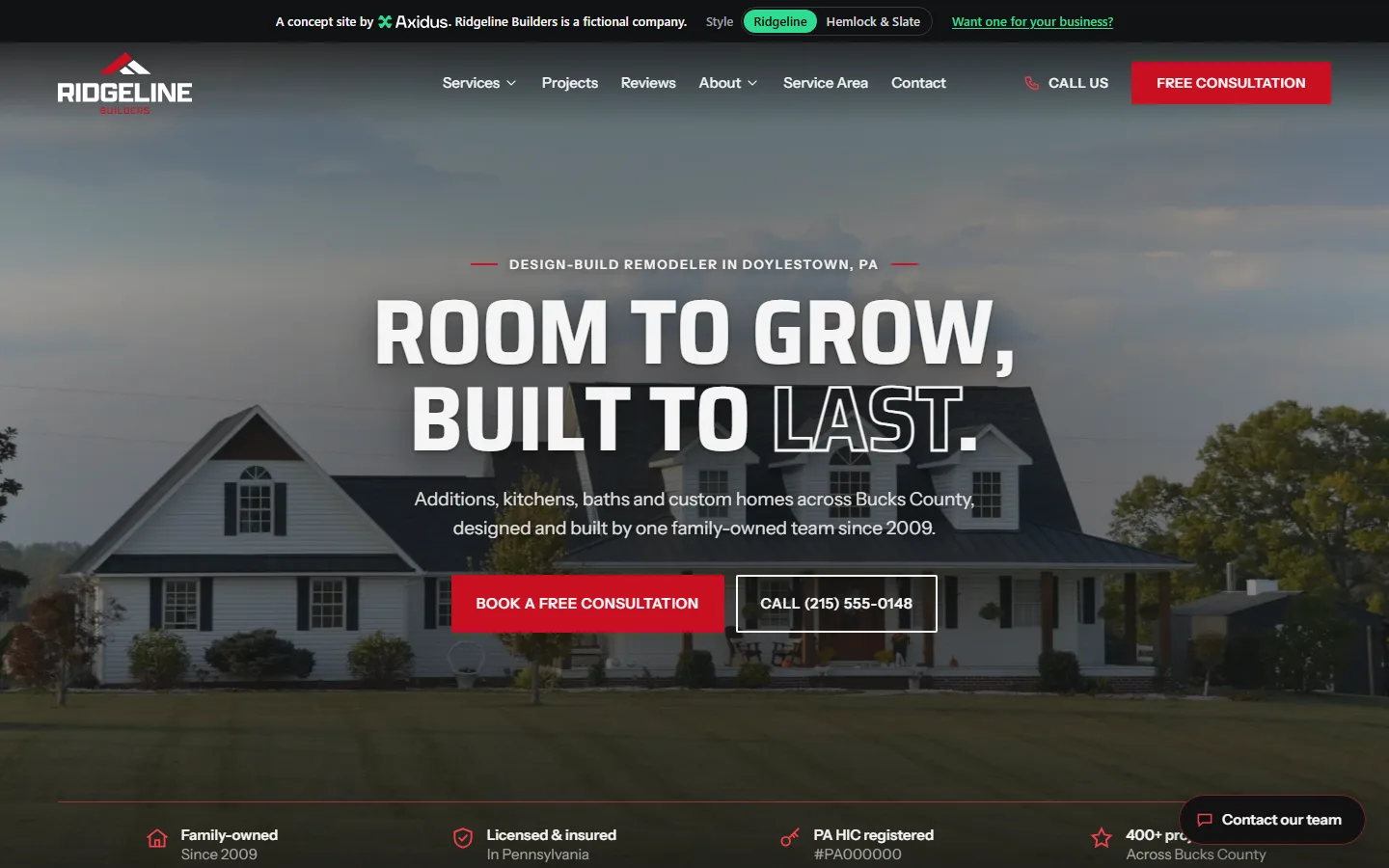The Ridgeline Builders homepage on a desktop: "Room to grow, built to last" over a photo of a finished house