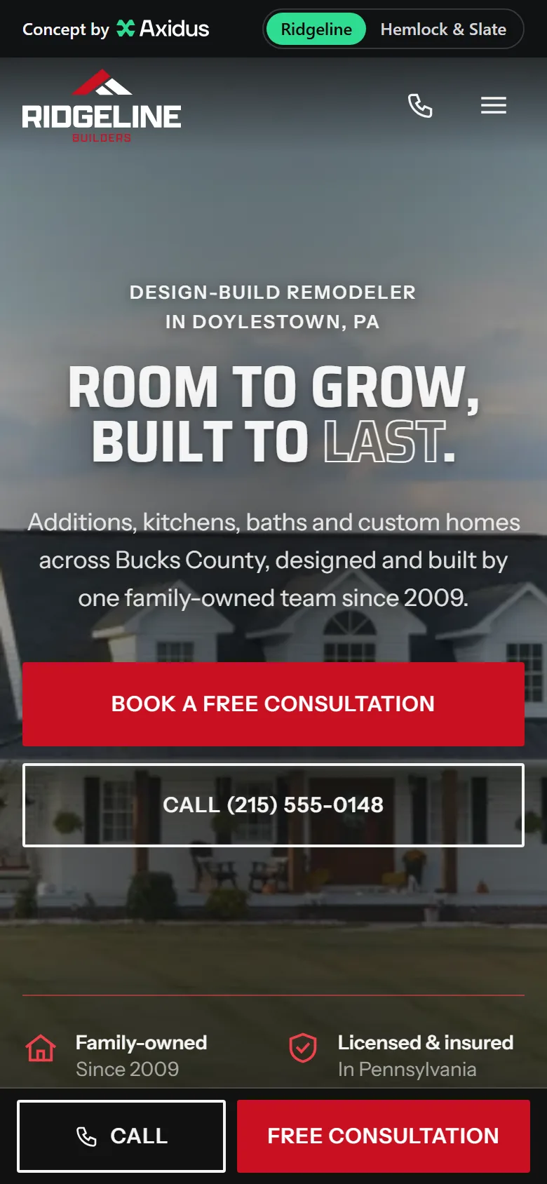 The Ridgeline Builders homepage on a phone, with the call bar at the bottom