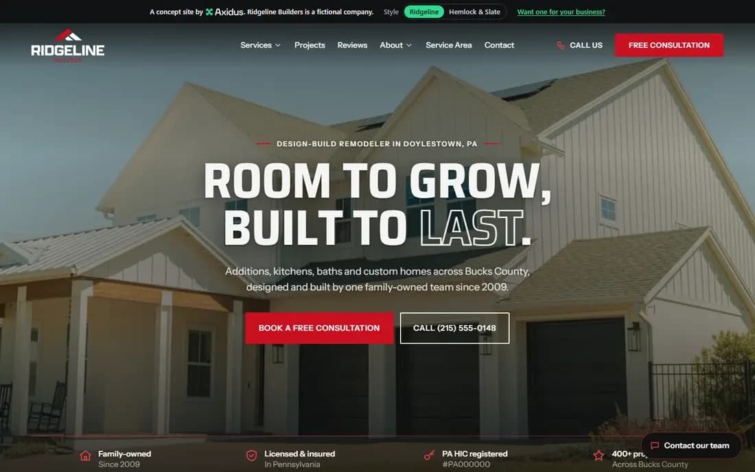 The full Ridgeline Builders homepage, top to bottom