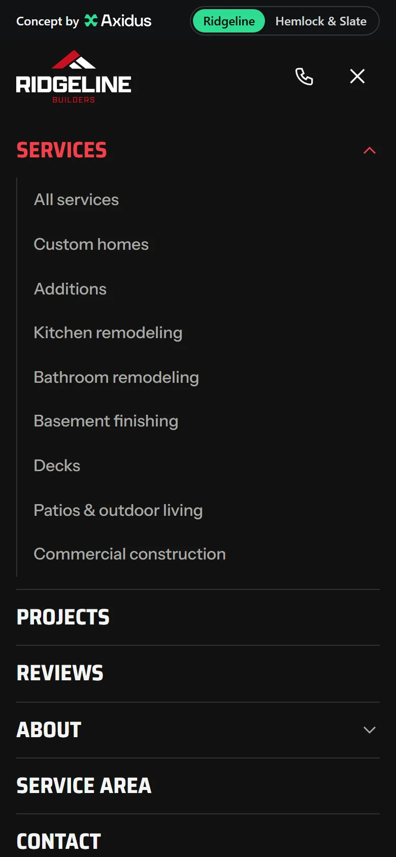 The Ridgeline phone menu with the services list open