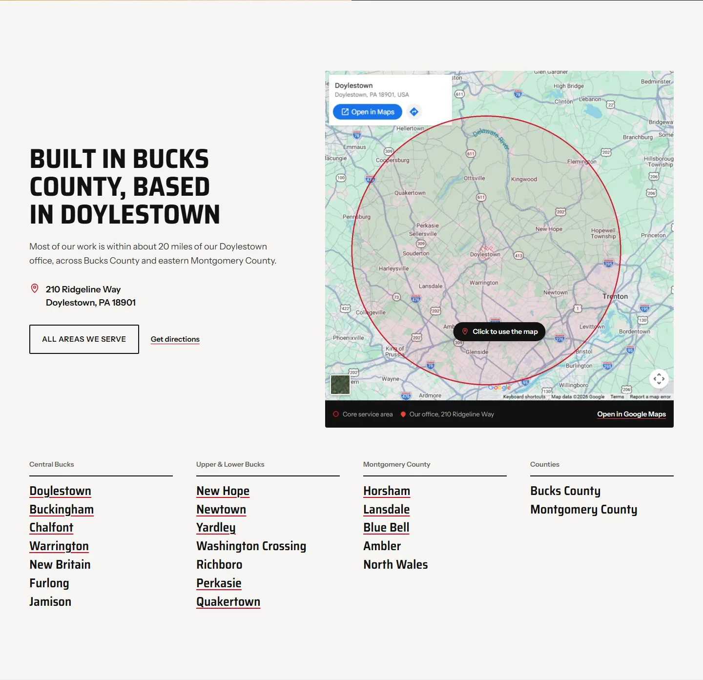 Ridgeline's service area: a map of Bucks County with the radius drawn, and the towns listed by county
