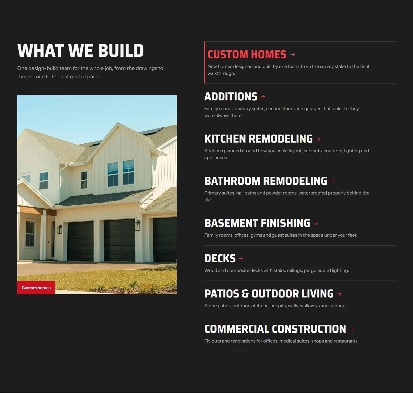 Ridgeline's services as a list beside one large photo