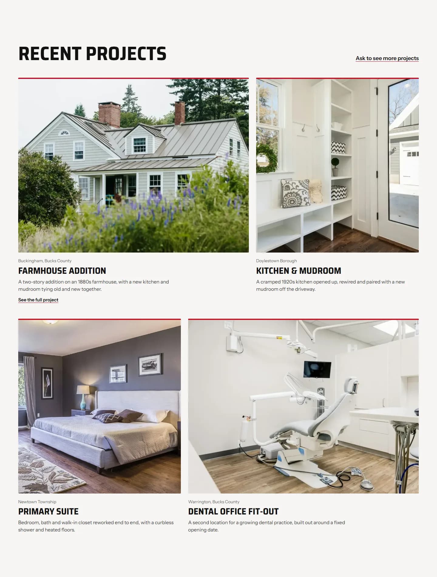 Ridgeline's recent projects: a farmhouse addition, a kitchen, a primary suite and a dental office