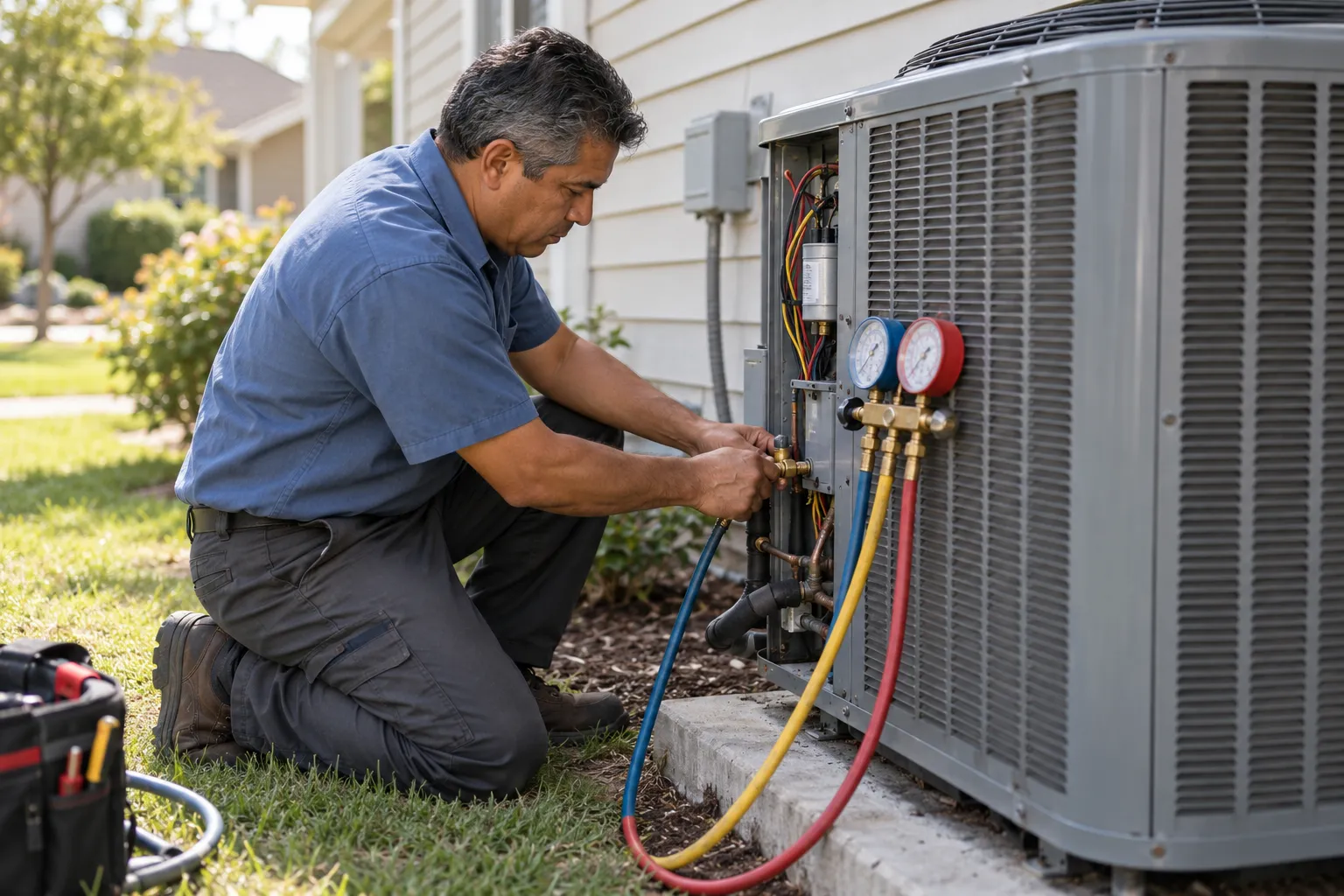 An HVAC technician servicing an outdoor air conditioning unit