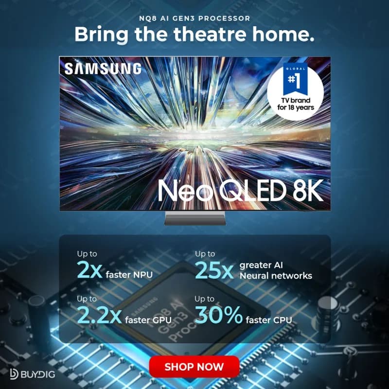 A square social ad for a Samsung Neo QLED 8K TV