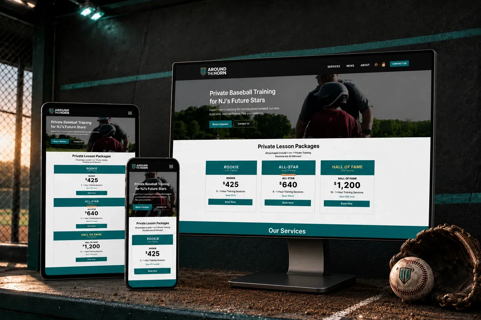 The Around The Horn site on a desktop, tablet and phone, with lesson packages and prices