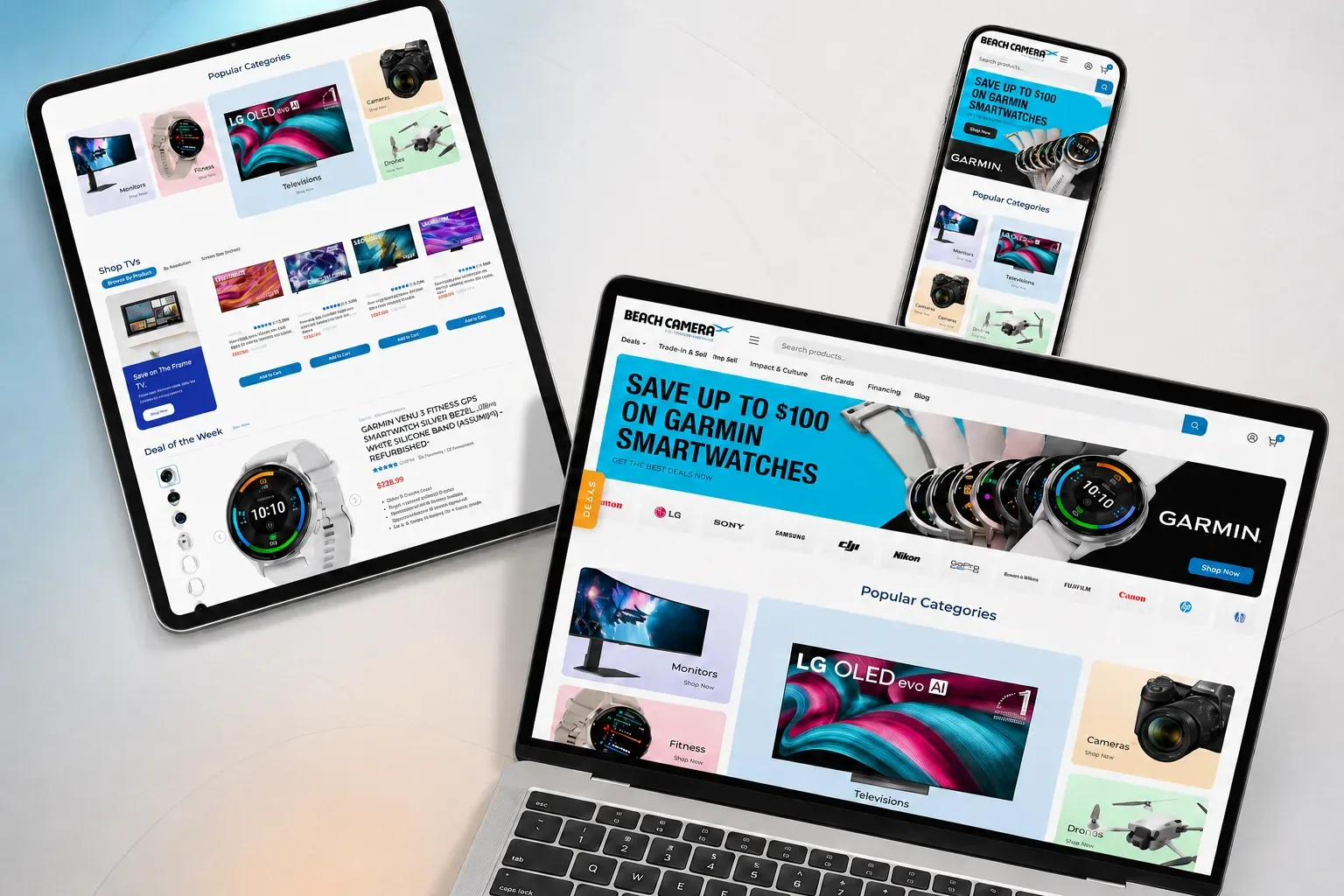 The BeachCamera store on a laptop, tablet and phone