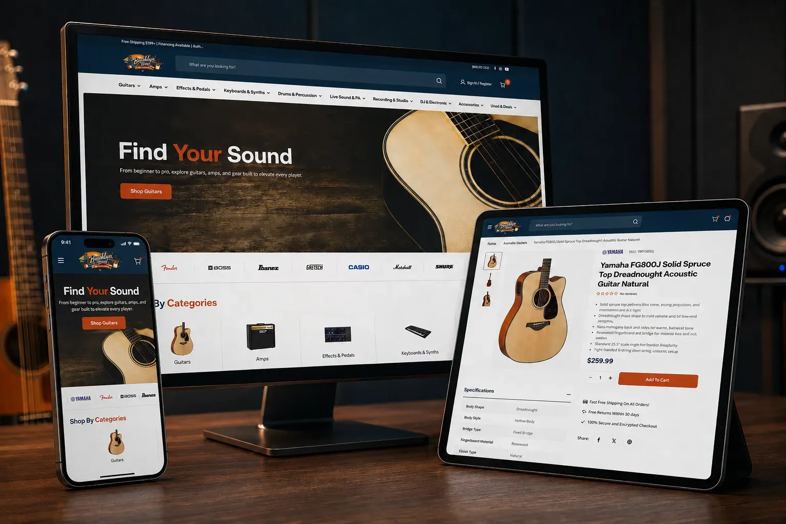 The Brooklyn Bay Music store on a desktop, tablet and phone, with an acoustic guitar product page