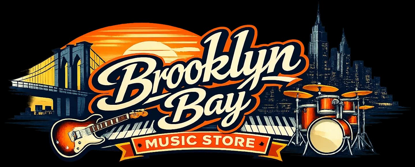 The Brooklyn Bay Music Store logo: script lettering with the Brooklyn Bridge, a skyline, a guitar and drums