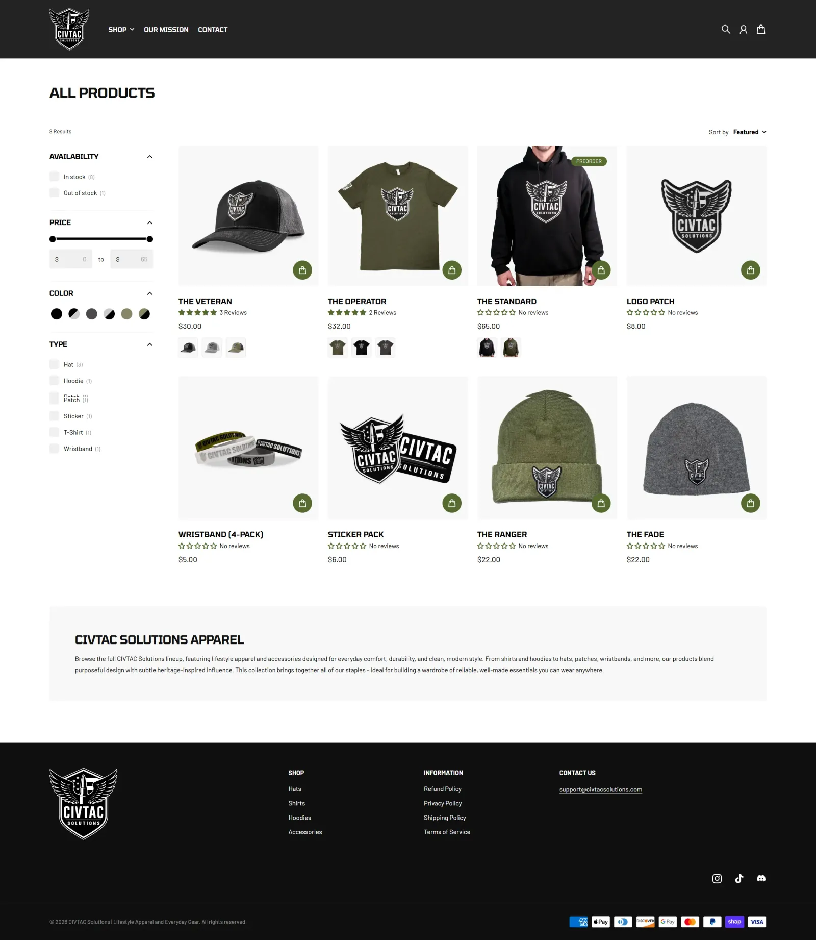 The CIVTAC all products page with filters for availability, price, color and type