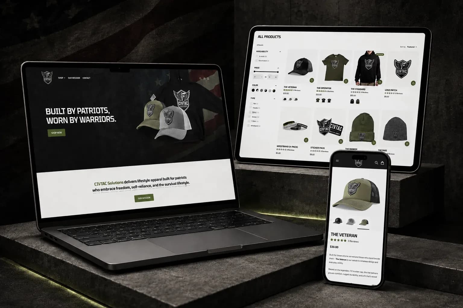 The CIVTAC Solutions store on a laptop, tablet and phone, with hats and hoodies