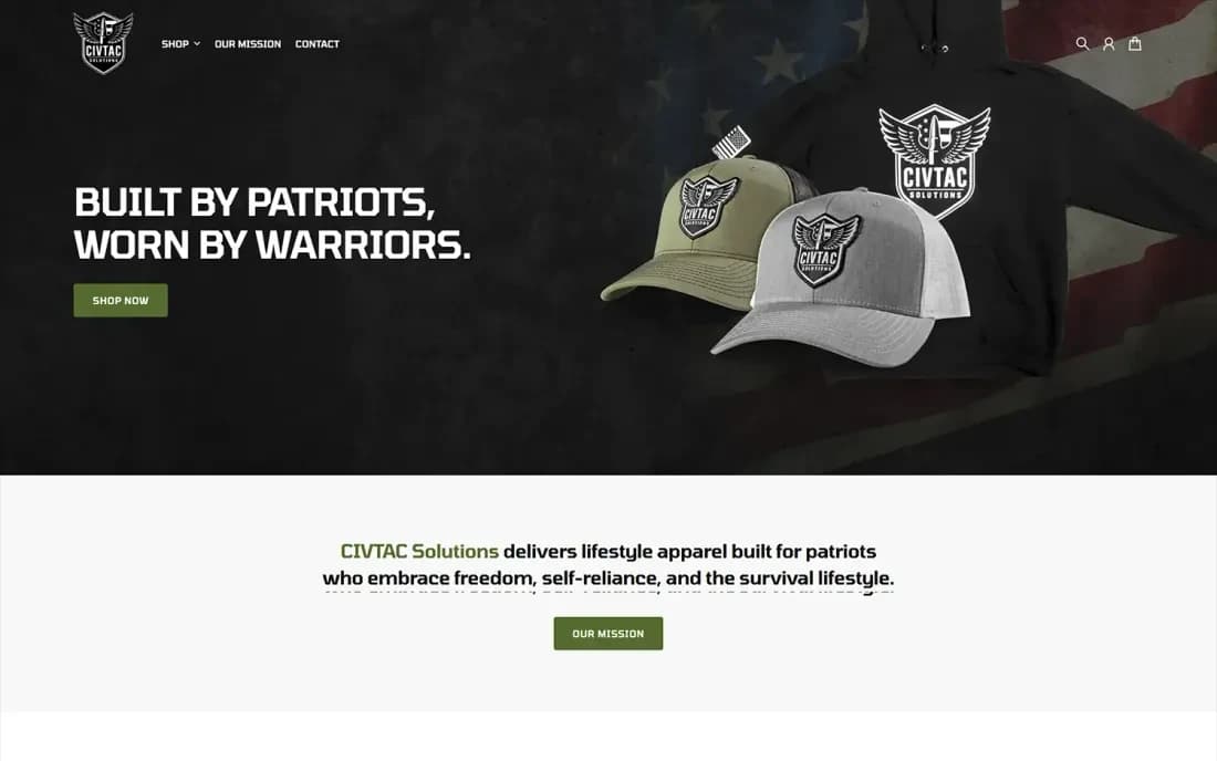 The full CIVTAC Solutions home page, dark, with the shield logo and apparel