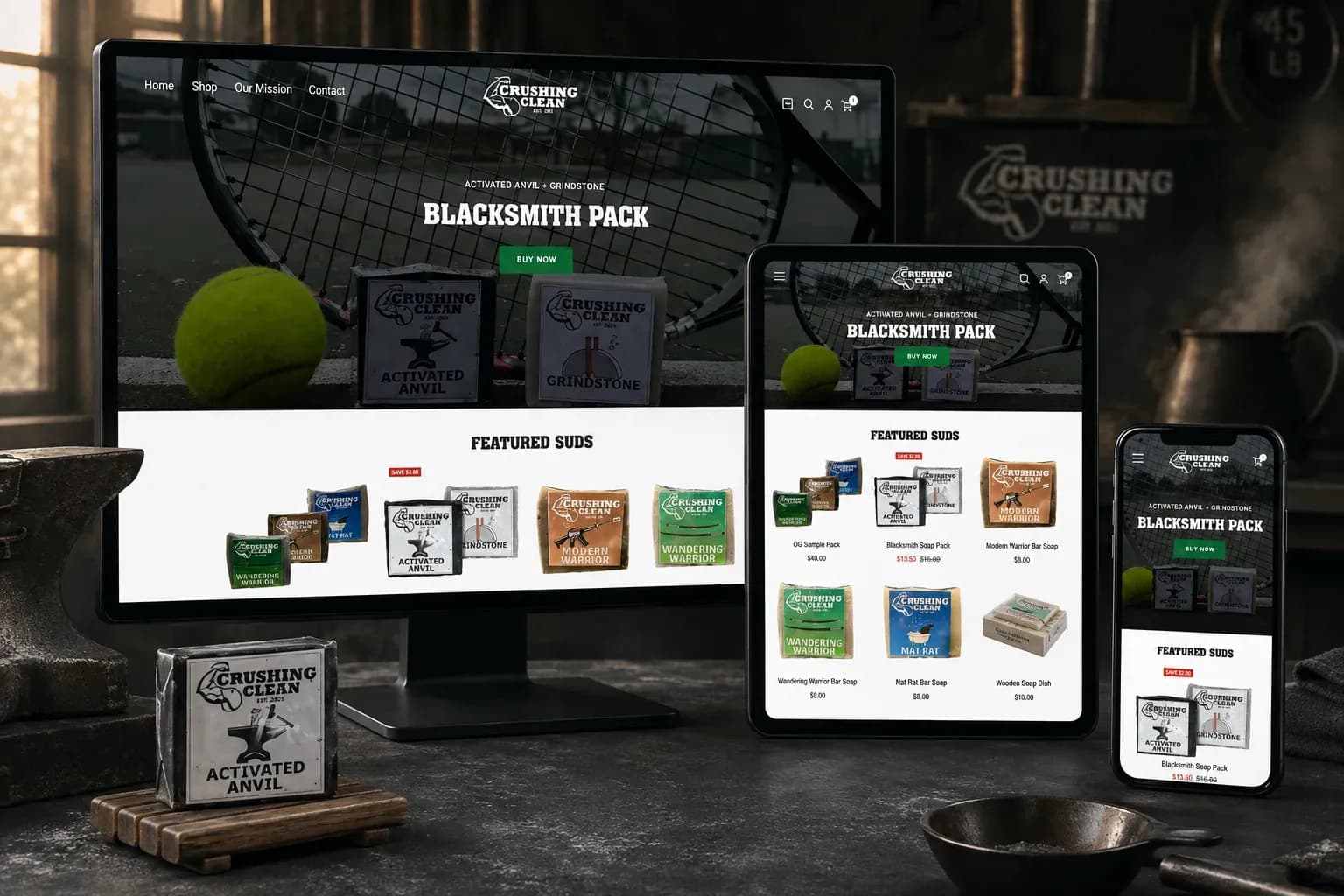 The Crushing Clean store mockup on a desktop, tablet and phone, beside a bar of Activated Anvil soap