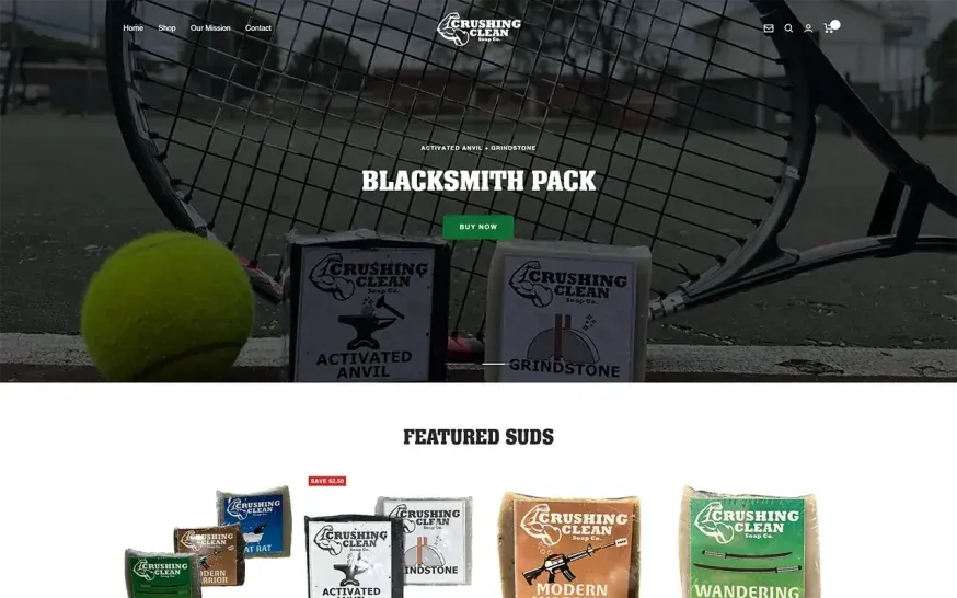 The top of the Crushing Clean home page: the Blacksmith Pack and featured soaps