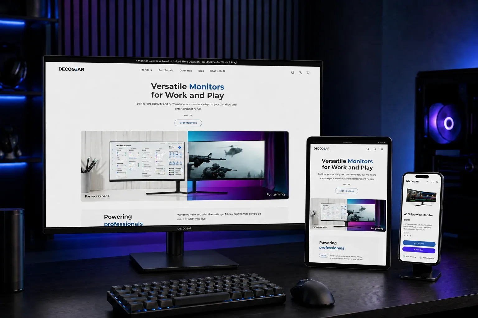 The redesigned Deco Gear store on a desktop monitor, tablet and phone
