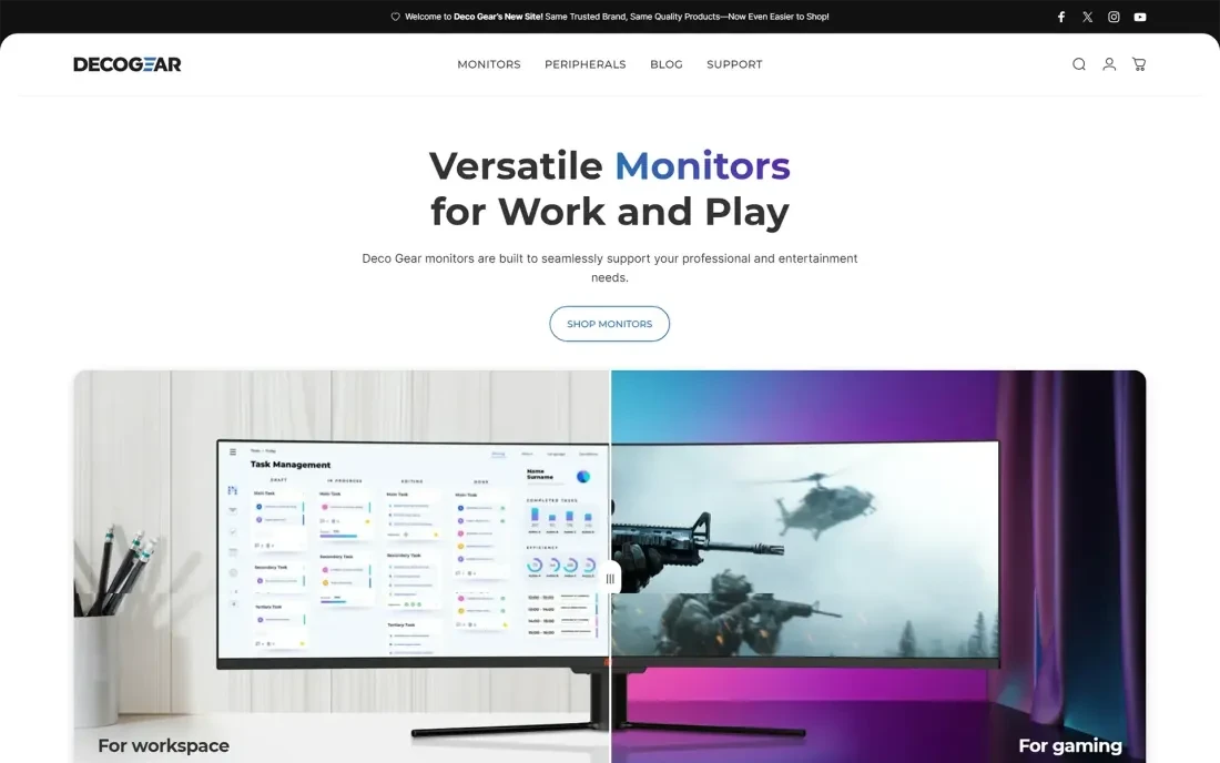 The full Deco Gear home page, with monitors for work and for gaming