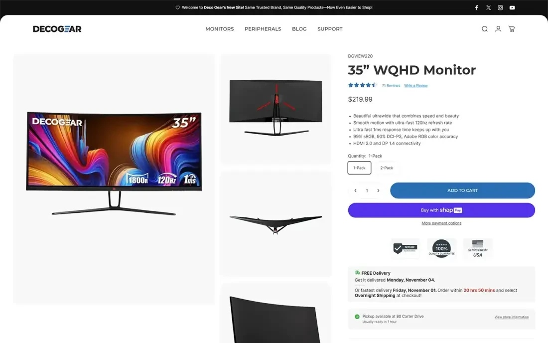 A full Deco Gear monitor product page with photos, features and specs