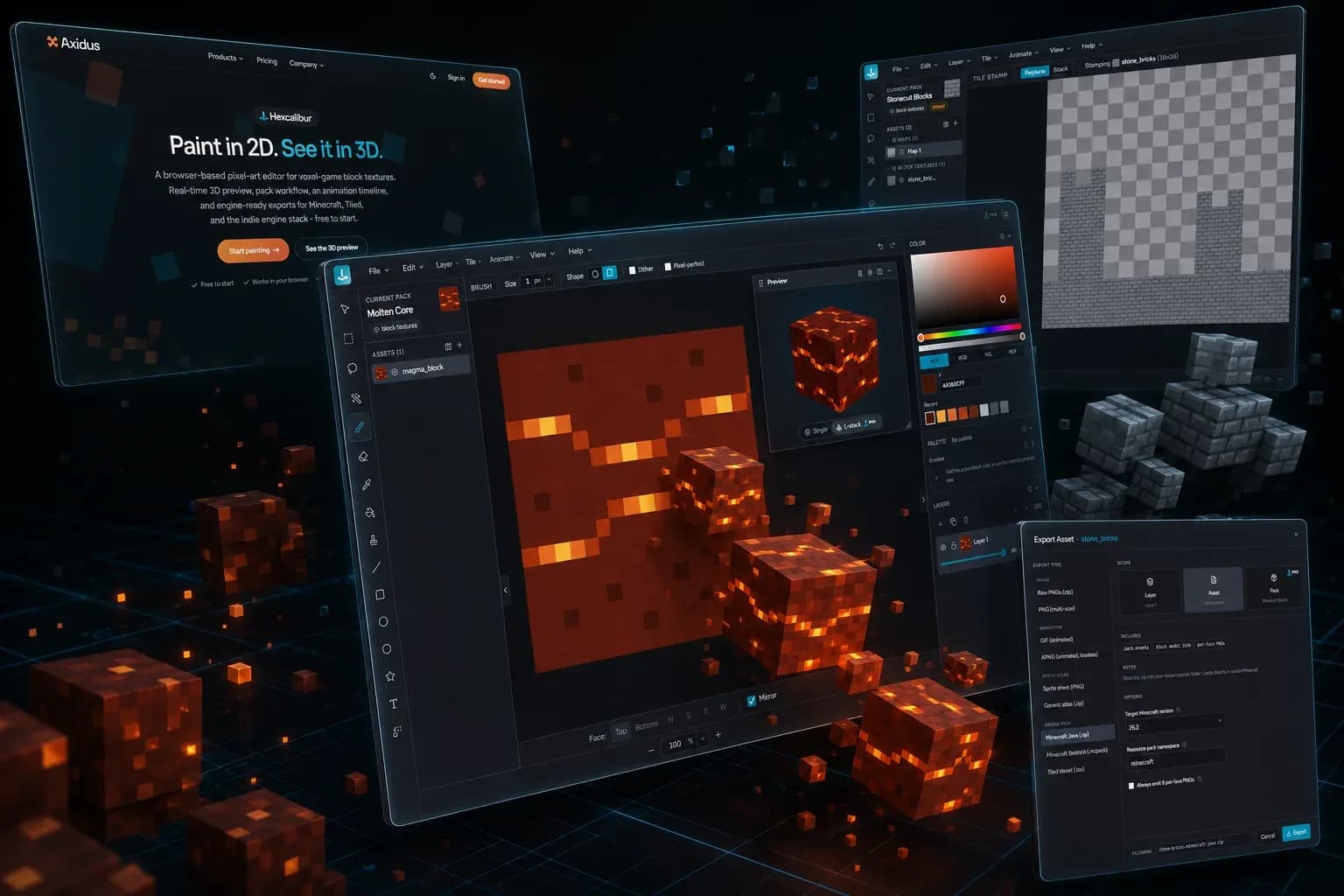 The Hexcalibur editor, landing page and export dialog floating above voxel blocks