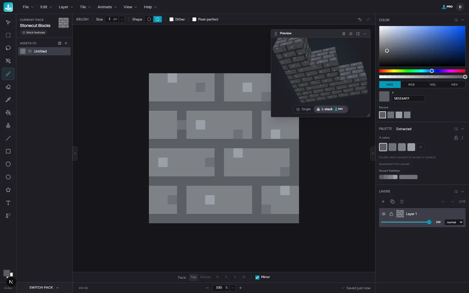 The Hexcalibur editor painting a block texture with the live 3D preview beside it