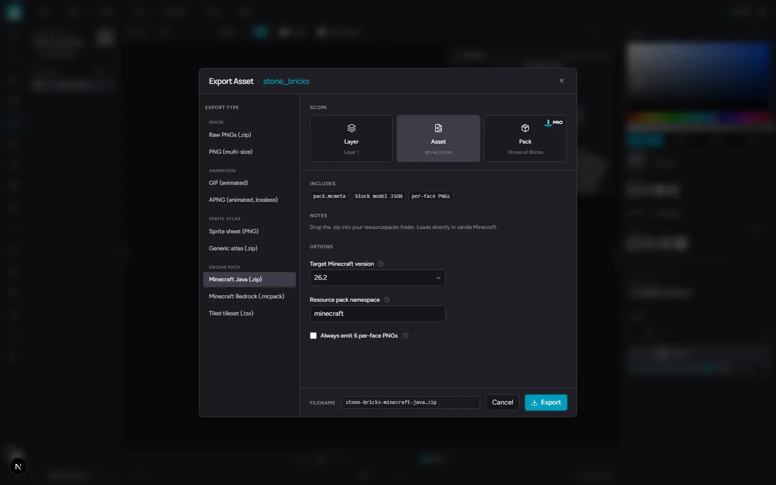 The export dialog with presets grouped by game engine