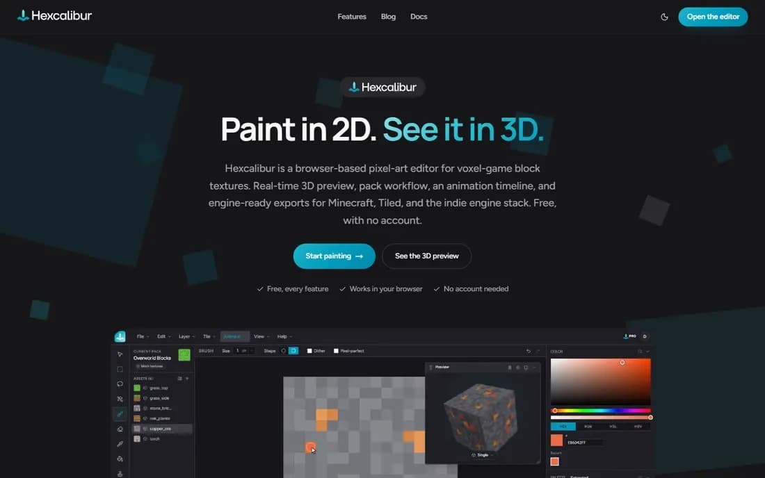 The full Hexcalibur landing page at hexcalibur.io