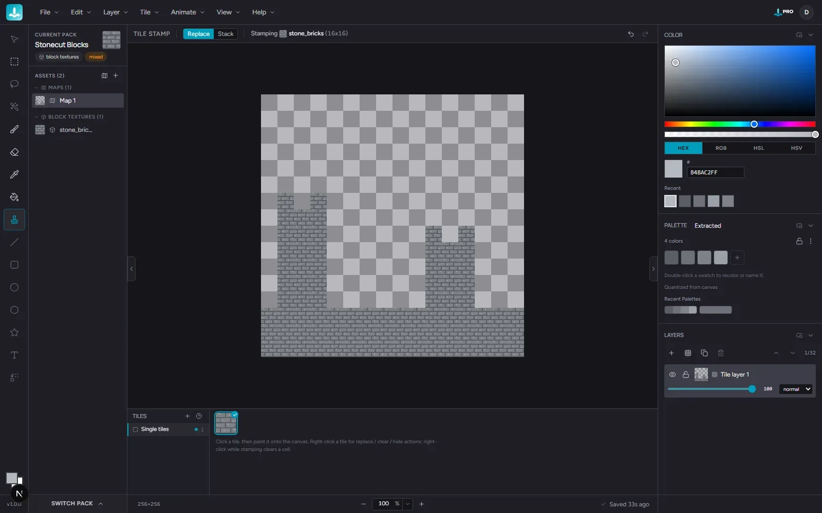 Tilemap mode with the Tile Stamp tool active and the tile shelf along the bottom
