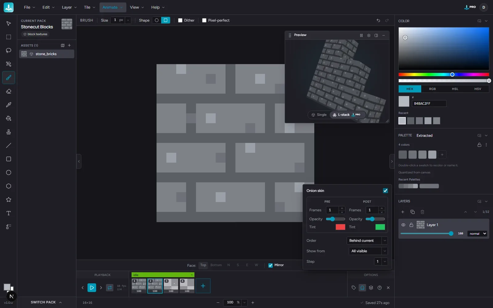 The animation timeline with frames and playback controls