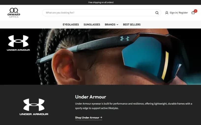 The full Under Armour brand page on Onward Optics, with fan favorite frames