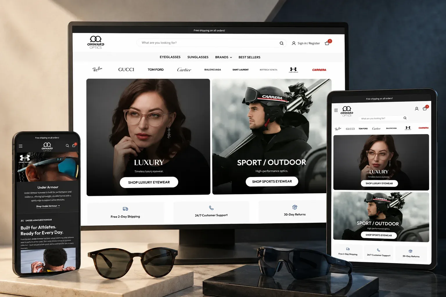 The Onward Optics store on a desktop, tablet and phone, next to two pairs of sunglasses