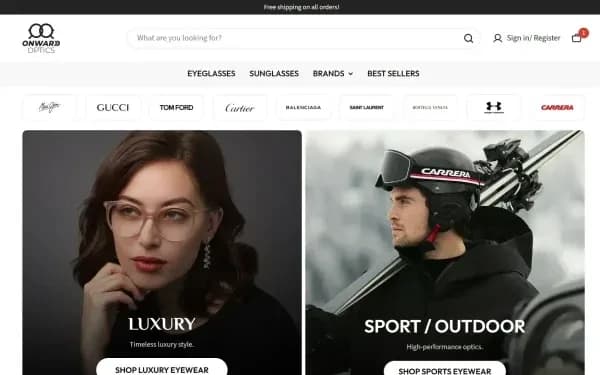 The full Onward Optics home page, with designer brand logos and eyewear categories