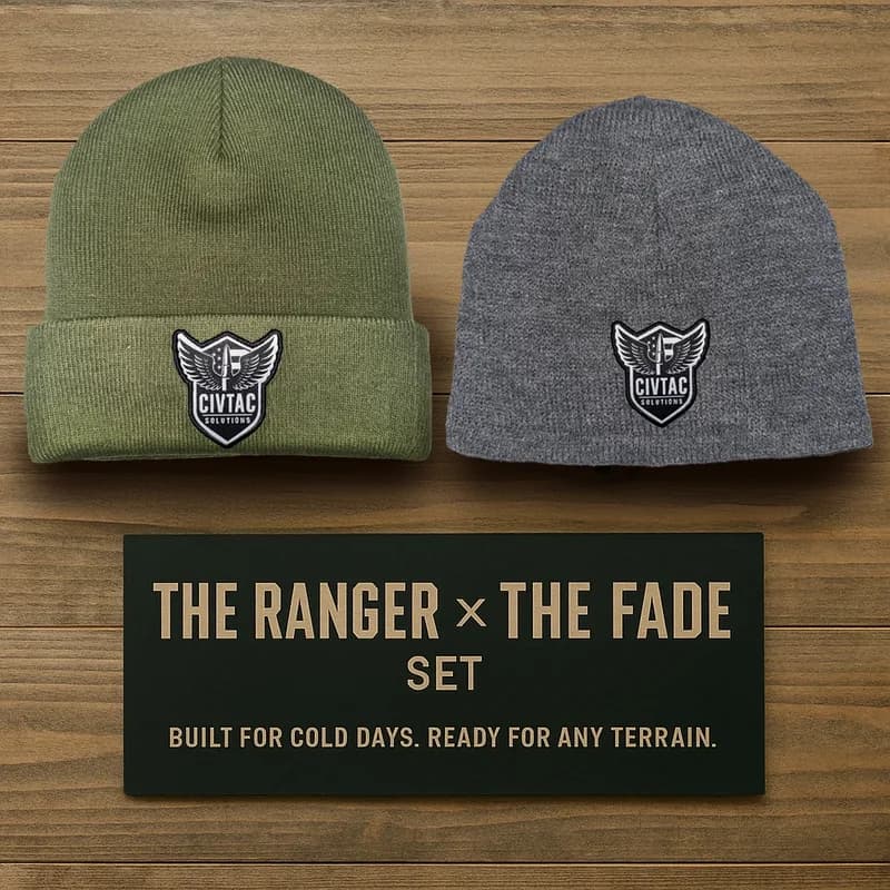 A lifestyle image of two CIVTAC beanies on a wood table