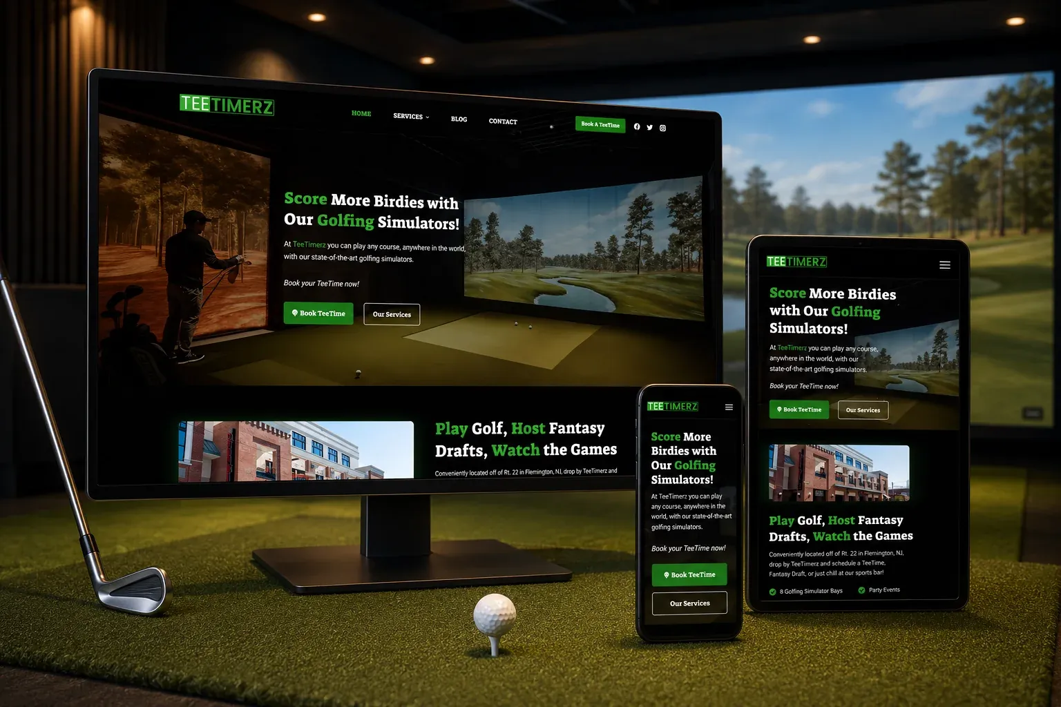 The TeeTimerz concept site on a desktop, tablet and phone in a golf simulator room