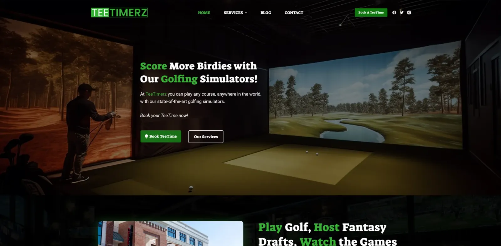 The TeeTimerz hero: a golfer at a simulator screen, with a Book TeeTime button