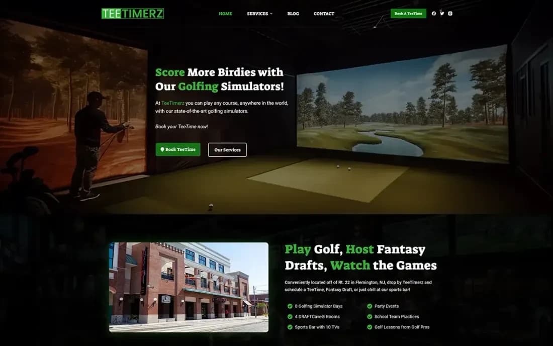 The full TeeTimerz home page concept, dark with green accents